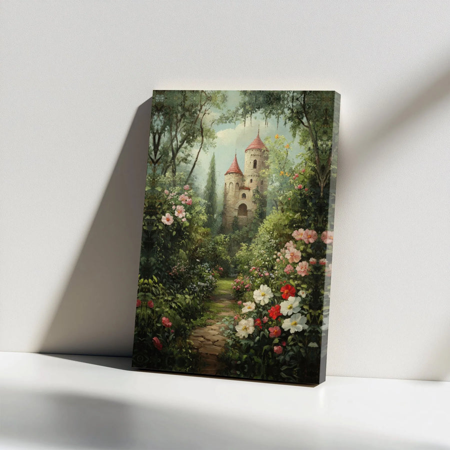 Fairytale Castle Canvas Wall Art | Secret Garden Landscape Painting | Premium Gallery Wrapped Decor | Whimsical Home Decor Gift