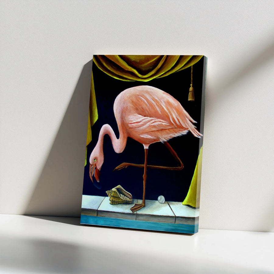 Pink Flamingo Vertical Canvas | Surreal Bird Painting Wall Art | Premium Thick Gallery Wrap | Collector's Gift for Eclectic Home Decor
