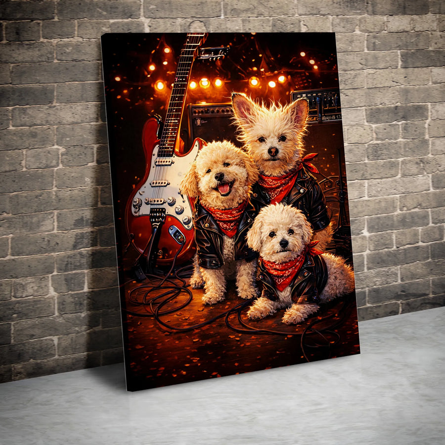 Rockstar Dog Band Canvas Wall Art | Funny Poodle Pups in Leather Jackets | Premium Gallery Wrap Canvas | Unique Gift for Musician & Dog Lover
