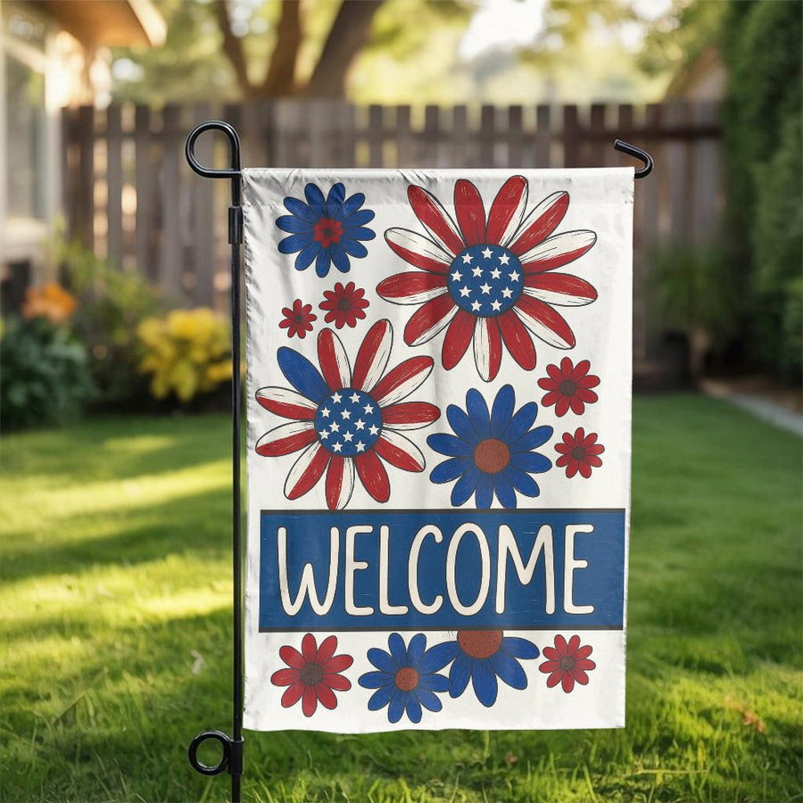 Patriotic Welcome Garden Flag | Red White Blue Daisy Flower Print | Durable Weather-Resistant Polyester | 4th of July Summer Outdoor Yard Decor