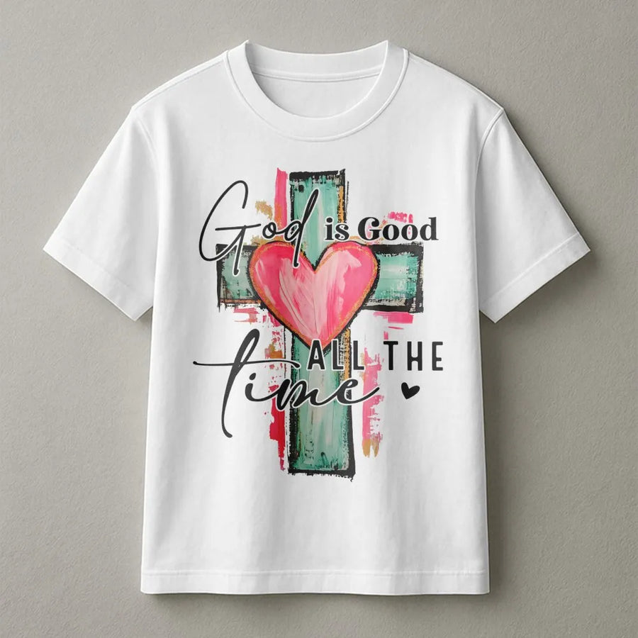 God Is Good All The Time T-Shirt | Watercolor Cross Heart Design | Premium Soft Cotton Tee | Christian Faith Gift for Women & Men