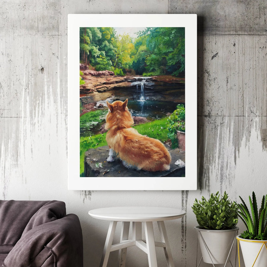 Corgi Wall Art Canvas | Serene Forest Waterfall Oil Painting Print | Gallery Wrapped Premium Decor | Gift for Dog Lovers & Nature Enthusiasts