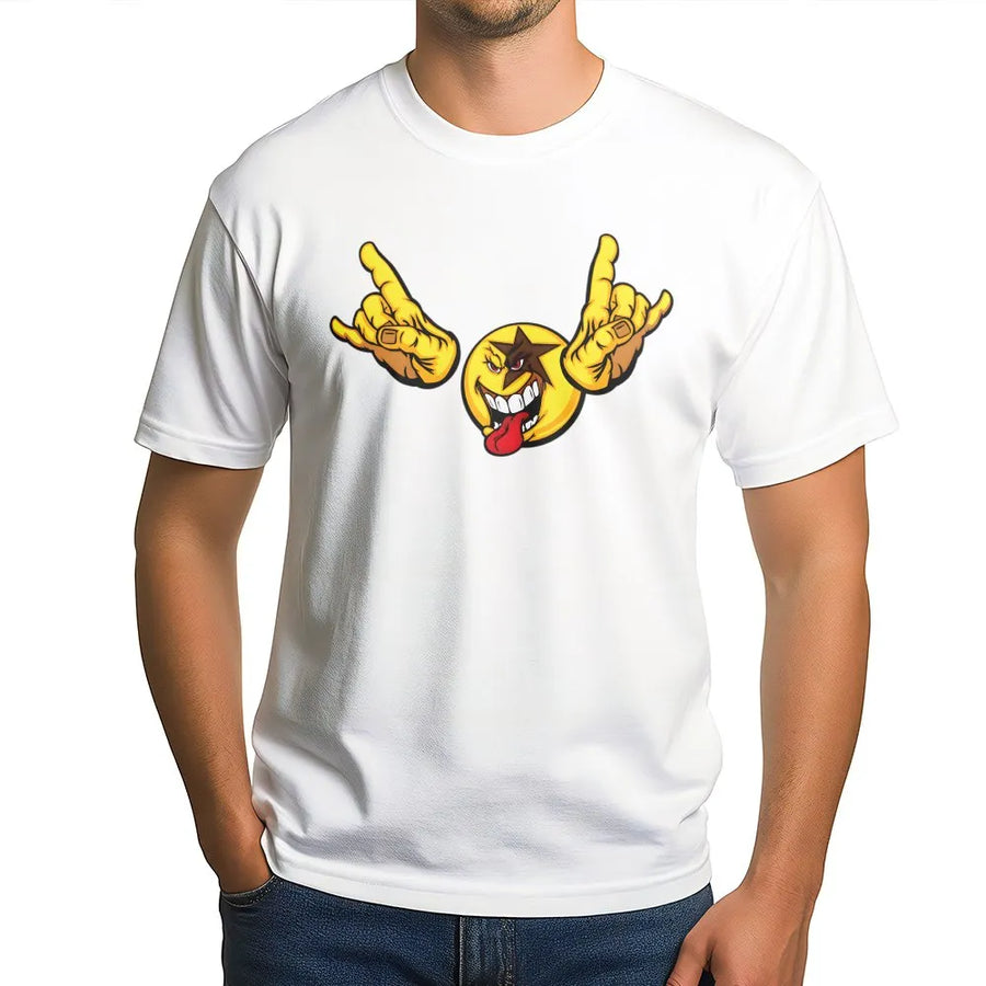 Rock On Smiley Face T-Shirt | Edgy Tongue Out Devil Emoji Graphic | 100% Cotton Premium Quality | Unisex Streetwear Gift For Men And Women