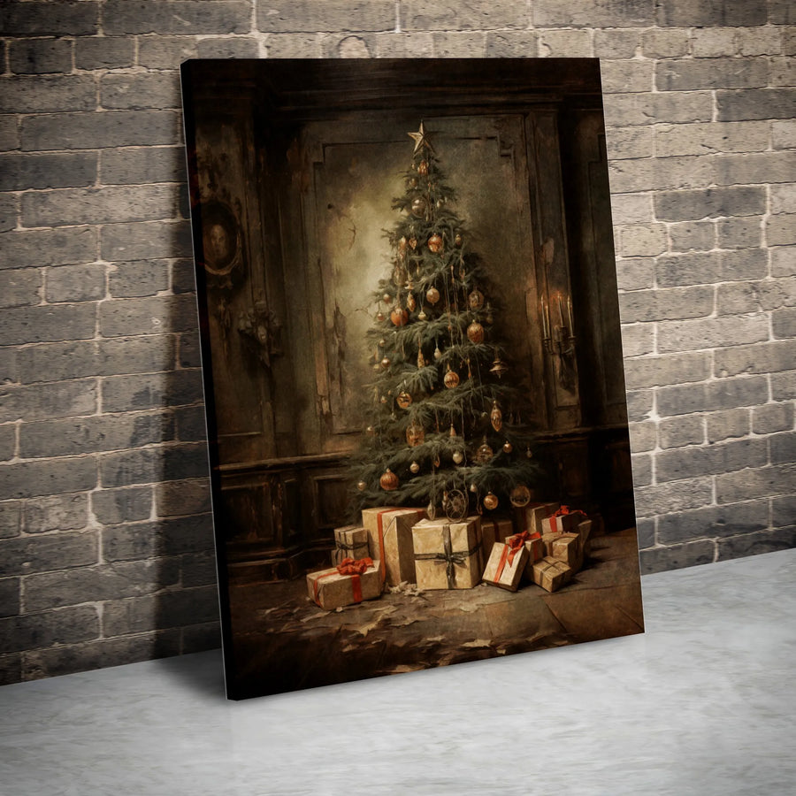 Vintage Christmas Tree Canvas Print | Classic Holiday Tree With Presents Wall Art | Gallery Quality 1.25" Profile | Festive Home Decor Gift