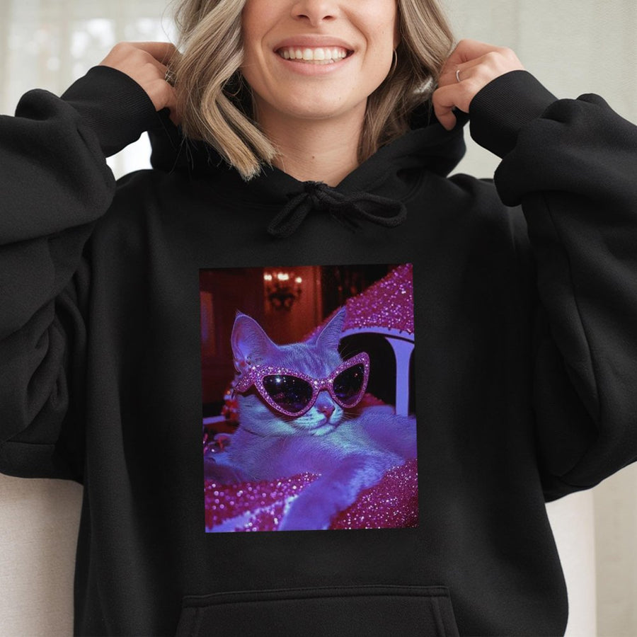 Cool Cat Graphic Hoodie | Trendy Retro Pink Sunglasses Kitten Design | Premium Soft Cotton Blend | Unique Gift for Cat Lovers & Streetwear Fans