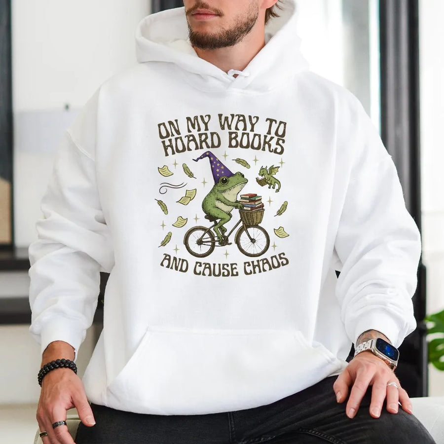 Funny Frog Book Lover Hoodie | Hoard Books Cause Chaos Graphic | Vintage Cottagecore Style | Unisex Bookish Gift for Readers