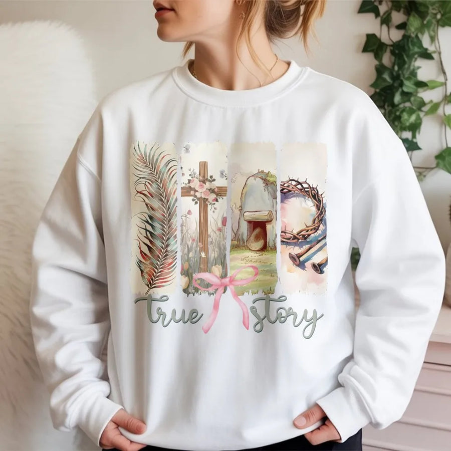 Christian Easter Sweatshirt | He Is Risen Coquette Bow Graphic | Soft Cotton Tee | Faith Based Gift for Women