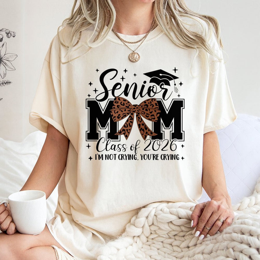 Senior Mom Class of 2026 T-Shirt | Leopard Coquette Bow Graphic | Premium Soft Cotton Tee | Proud Graduation Gift for Mom