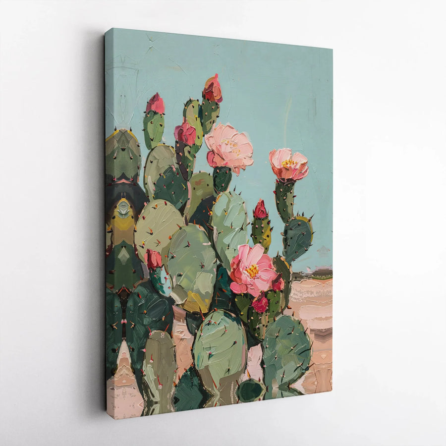 Blooming Prickly Pear Cactus Canvas | Impasto Floral Desert Art | 1.25-Inch Gallery Wrapped Wall Decor | Southwestern Botanical Home Gift