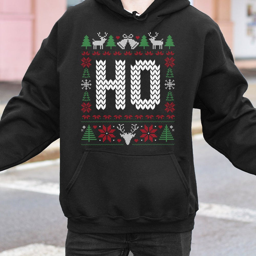 Ho Ho Ho Ugly Christmas Hoodie | Funny Holiday Sweater Graphic | Cotton-Poly Blend Sweatshirt | Matching Couples Xmas Party Gift