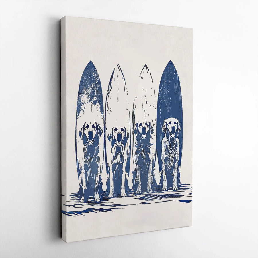 Golden Retriever Surfboard Art | Blue Linocut Style Beach Decor | Premium Gallery Wrap Canvas | Coastal Dog Lover Gift for Home Office
