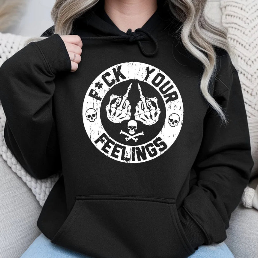 Fuck Your Feelings Skull Hoodie | Distressed Skeleton Hand Graphic | Premium Cotton Blend | Edgy Streetwear Gift For Men And Women