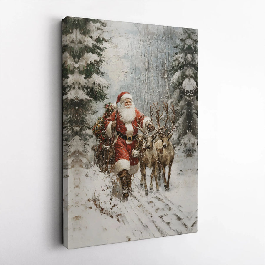 Vintage Santa Claus Canvas Art | Snowy Forest Reindeer Print | Premium 1.25" Gallery Wrap | Christmas Holiday Home Decor Gift
