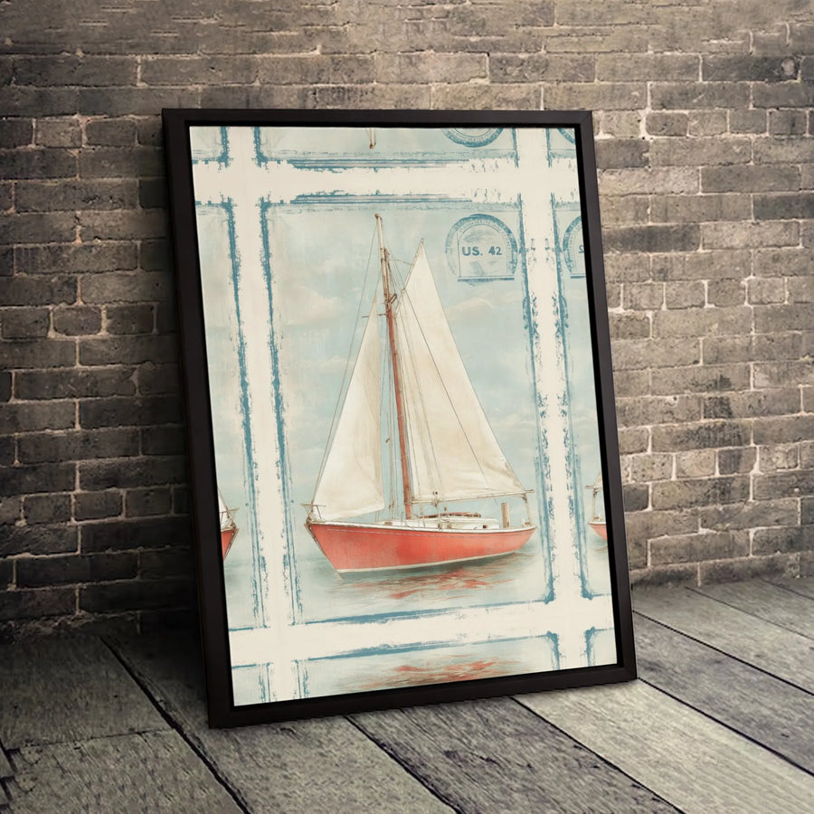 Vintage Red Sailboat Wall Art | Nautical Postage Stamp Design | Premium Gallery-Wrapped Canvas | Coastal Home Decor Gift