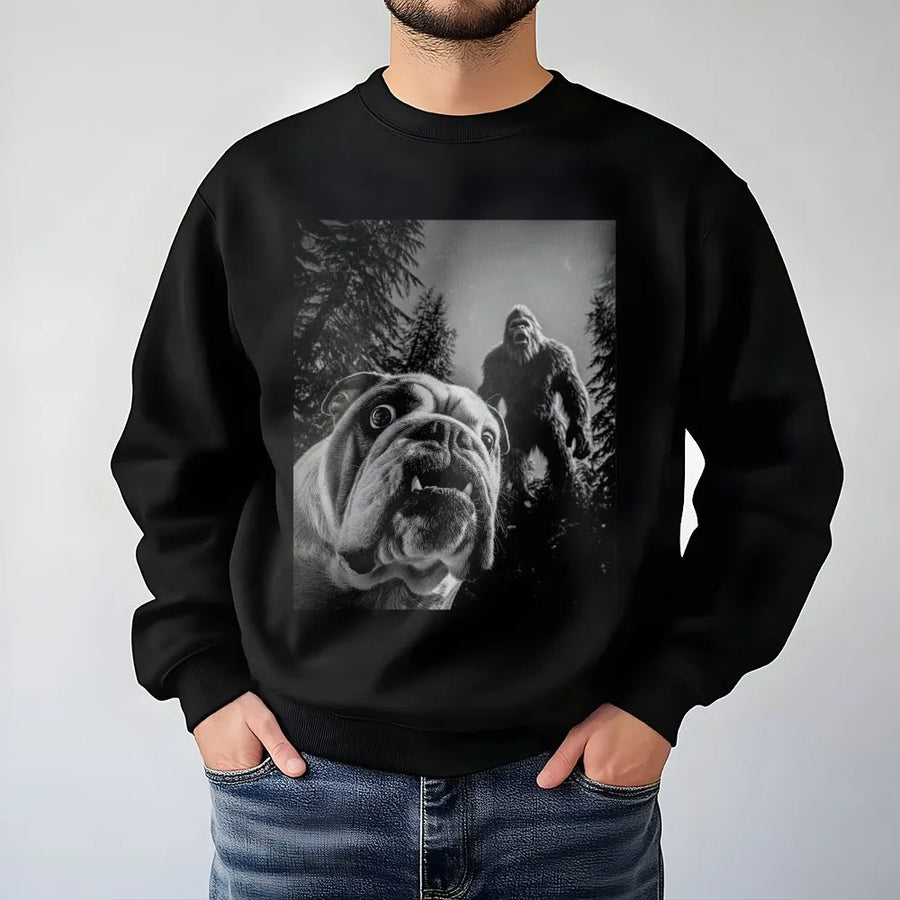 English Bulldog Bigfoot Sweatshirt | Funny Cryptid Selfie Graphic Design | Premium Cotton Blend Unisex Crewneck | Unique Dog Lover Gift