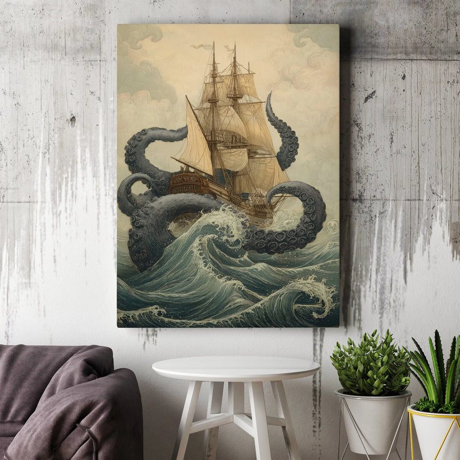 Kraken Attacking Ship Canvas Wall Art | Vintage Nautical Sea Monster Print | Premium Thick Gallery Canvas | Ocean Themed Home Decor Gift