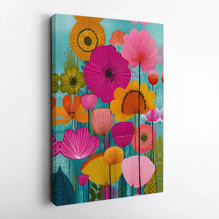 Vibrant Floral Canvas Wall Art | Colorful Folk Art Flower Painting | Gallery-Quality 1.25 Inch Thick Wrap | Modern Botanical Home Decor Gift