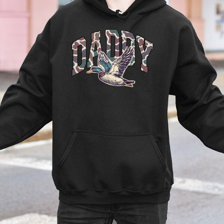 Duck Hunting Hoodie | Camo Daddy Lettering Mallard Design | Premium Cotton Blend | Gift For Hunter Dad And Outdoorsman