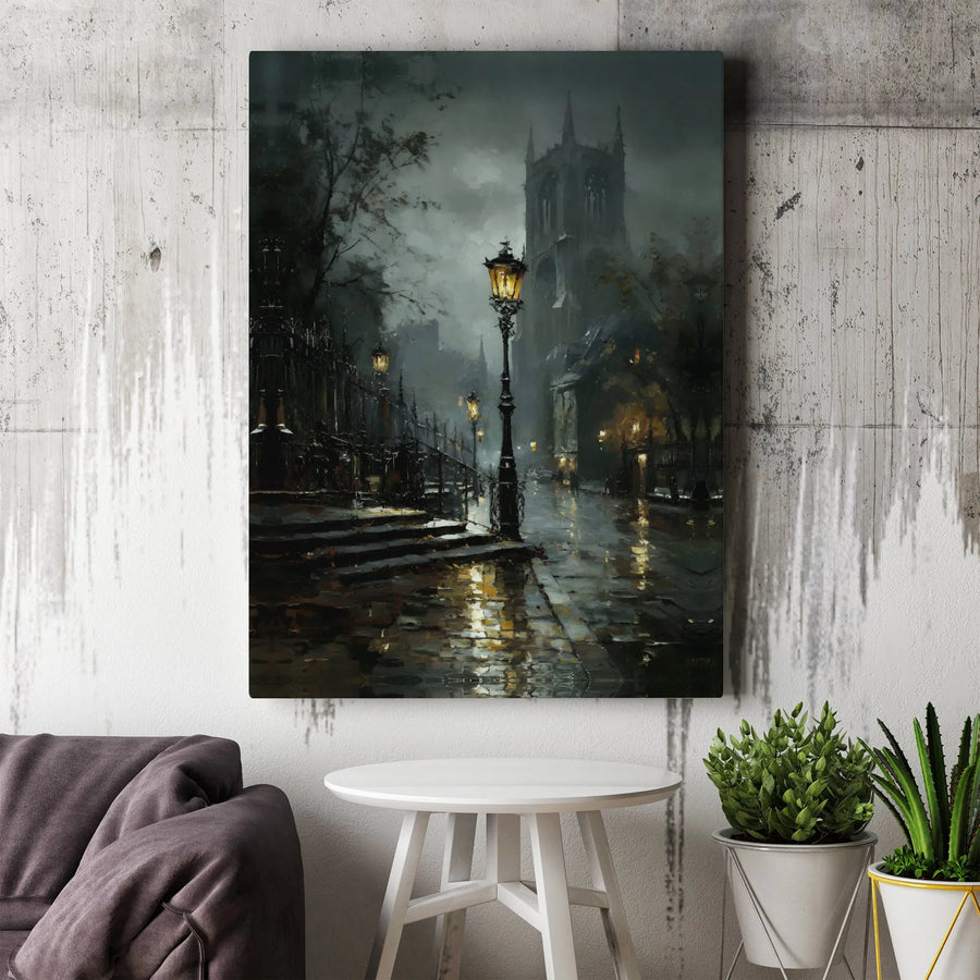 Moody Gothic City Street Canvas Print | Rainy Night Gas Lamp Wall Art | Premium Gallery Wrapped Decor | Dark Academia Gift for Home Office