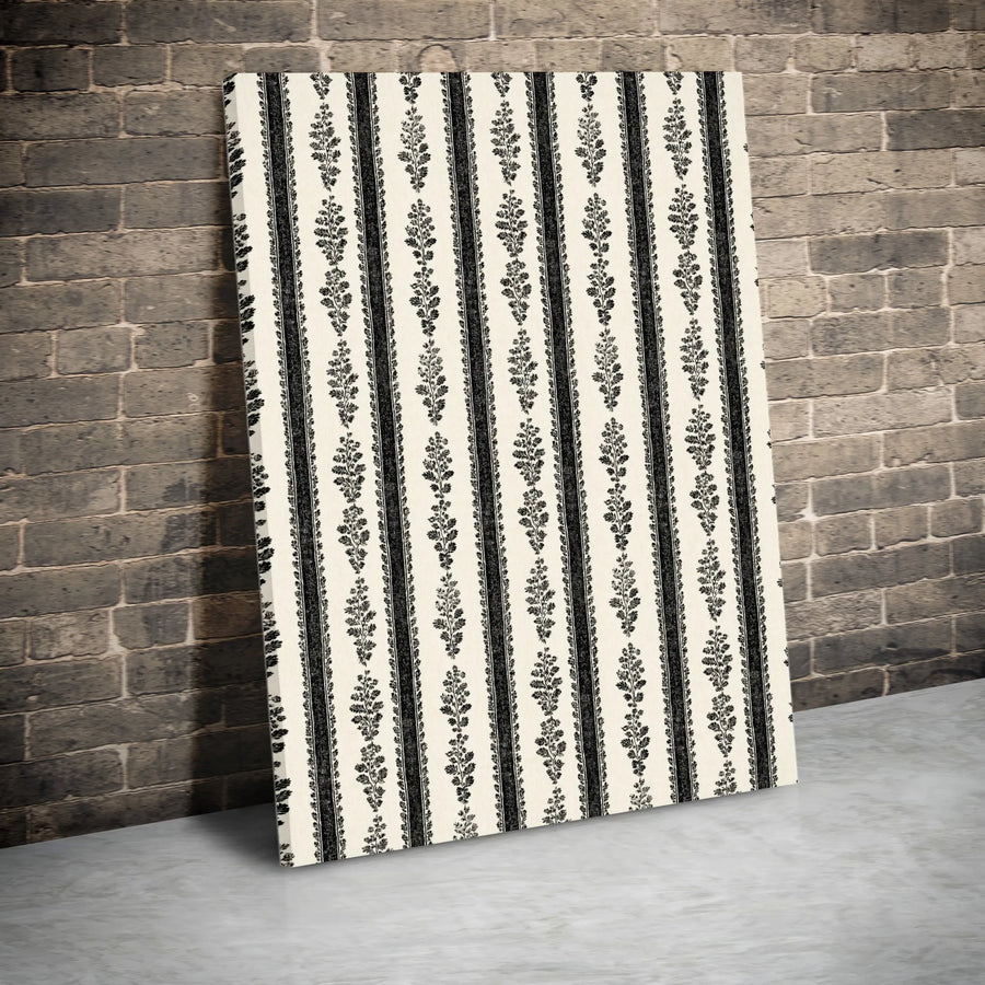Vintage Botanical Stripe Canvas | Black and Cream Damask Pattern Wall Art | Premium 1.25" Thick Gallery Wrapped Print | Modern Farmhouse Decor Gift
