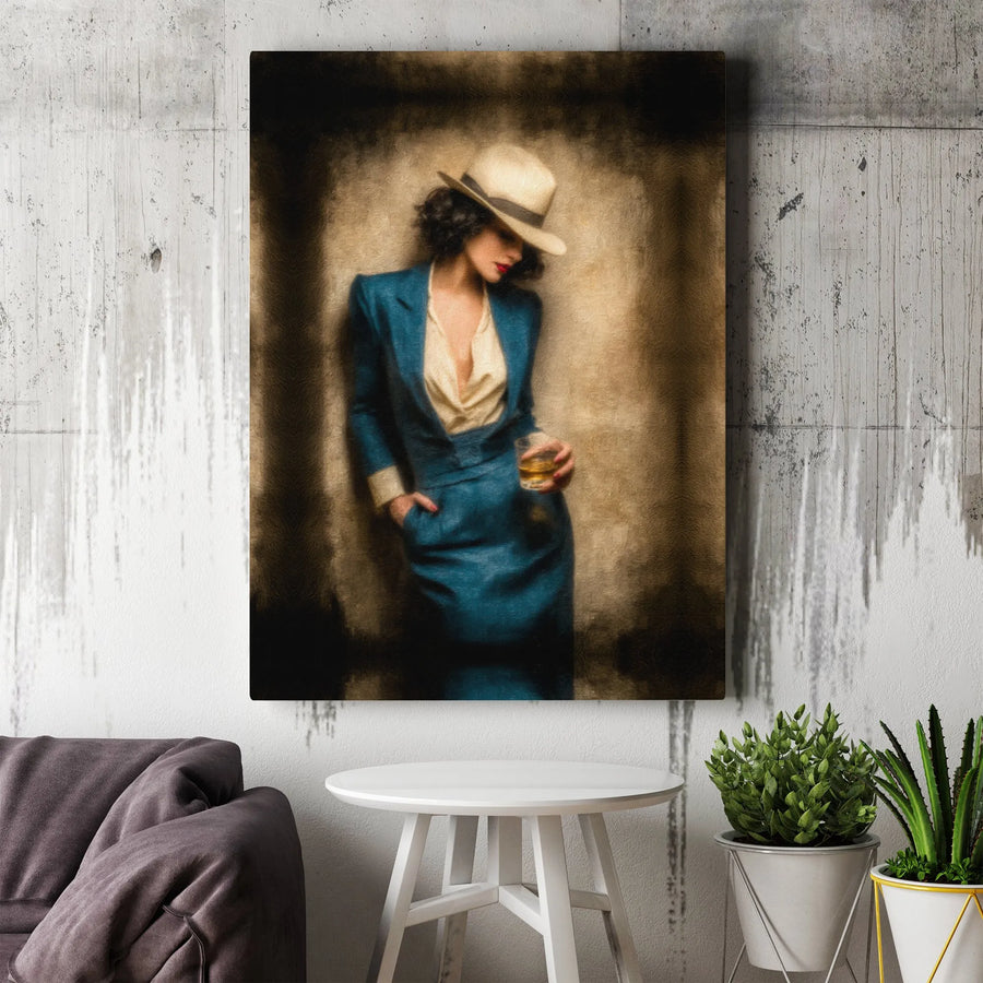 Vintage Woman Portrait Canvas | Fedora Hat Blue Suit Whiskey Drinker | Gallery Wrapped Premium Wall Art | Sophisticated Home Office Decor Gift