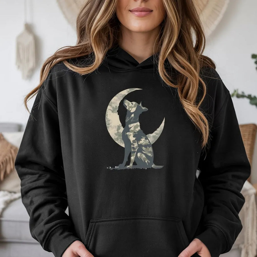 Camo Dog Moon Hoodie | German Shepherd Silhouette Graphic | Premium Cotton Blend | Outdoor Adventure Gift for Hunters and Dog Lovers