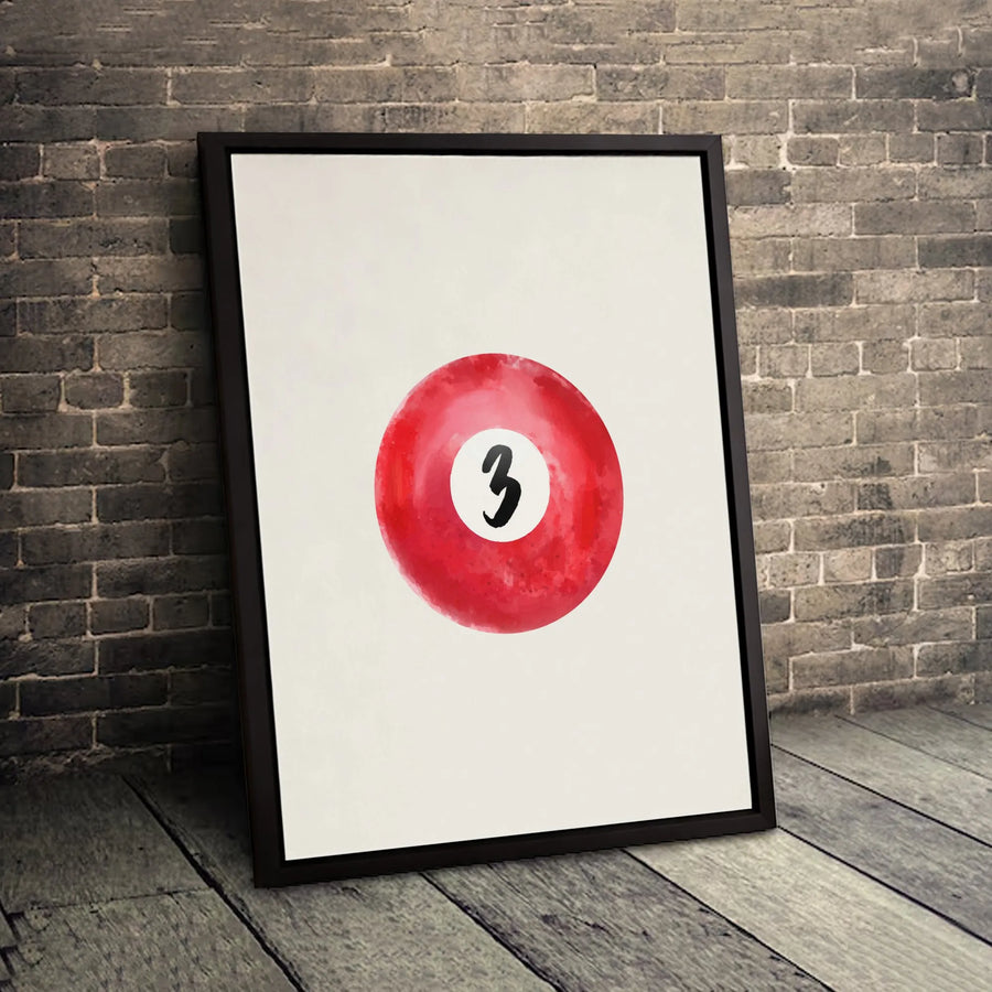 Number 3 Billiard Ball Wall Art | Watercolor Red Pool Ball Print | Gallery-Quality 1.25 Inch Canvas | Sports Decor for Game Room or Office