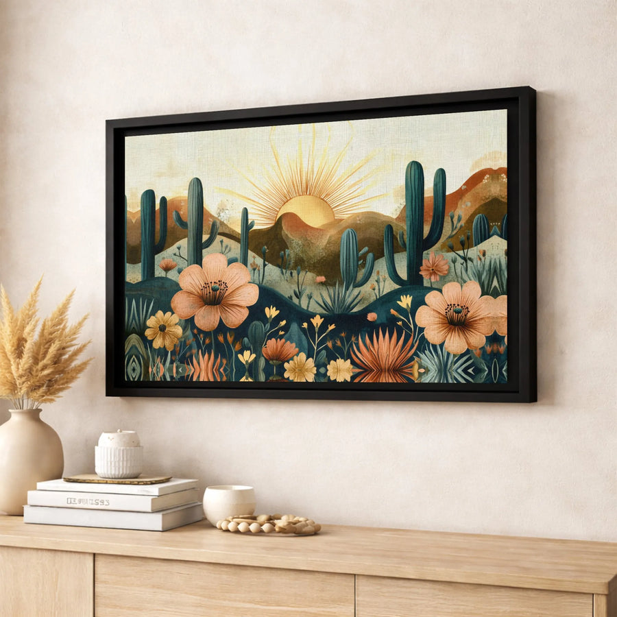 Bohemian Desert Landscape Canvas Wall Art | Cactus And Wildflower Sunrise | Premium Gallery Wrapped Print | Boho Home Decor Gift For Her