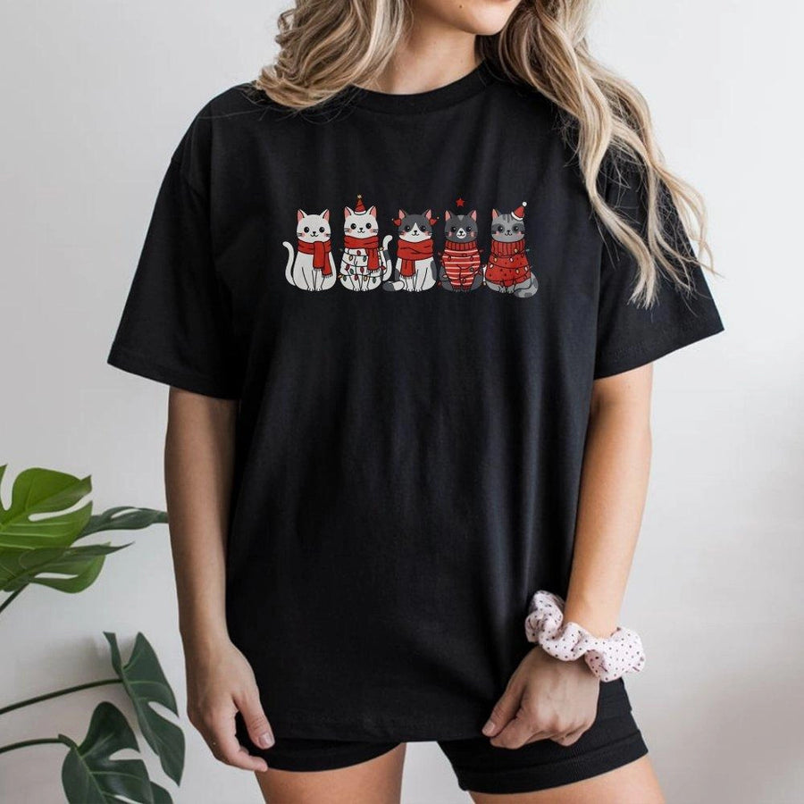 Cute Cat Christmas T-Shirt | Festive Kitties with Scarves and Lights | 100% Soft Cotton Premium Tee | Holiday Gift for Cat Moms and Lovers