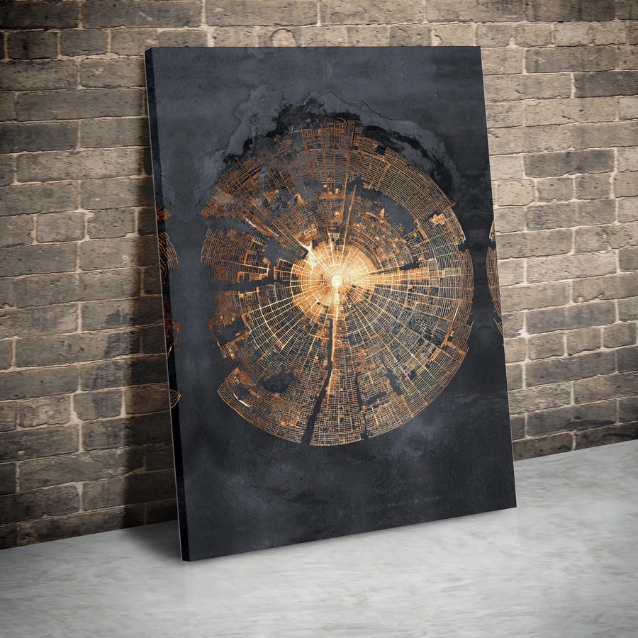 Abstract Radial City Map Canvas | Futuristic Gold Labyrinth Print | Premium Gallery Wrapped Wall Art | Modern Home & Office Decor Gift