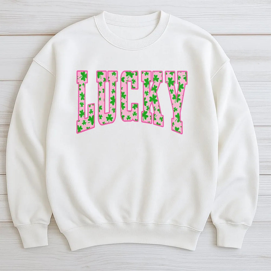 Lucky Shamrock Sweatshirt | Varsity Letter Graphic Print | Premium Cotton Blend | St. Patricks Day Irish Gift For Her