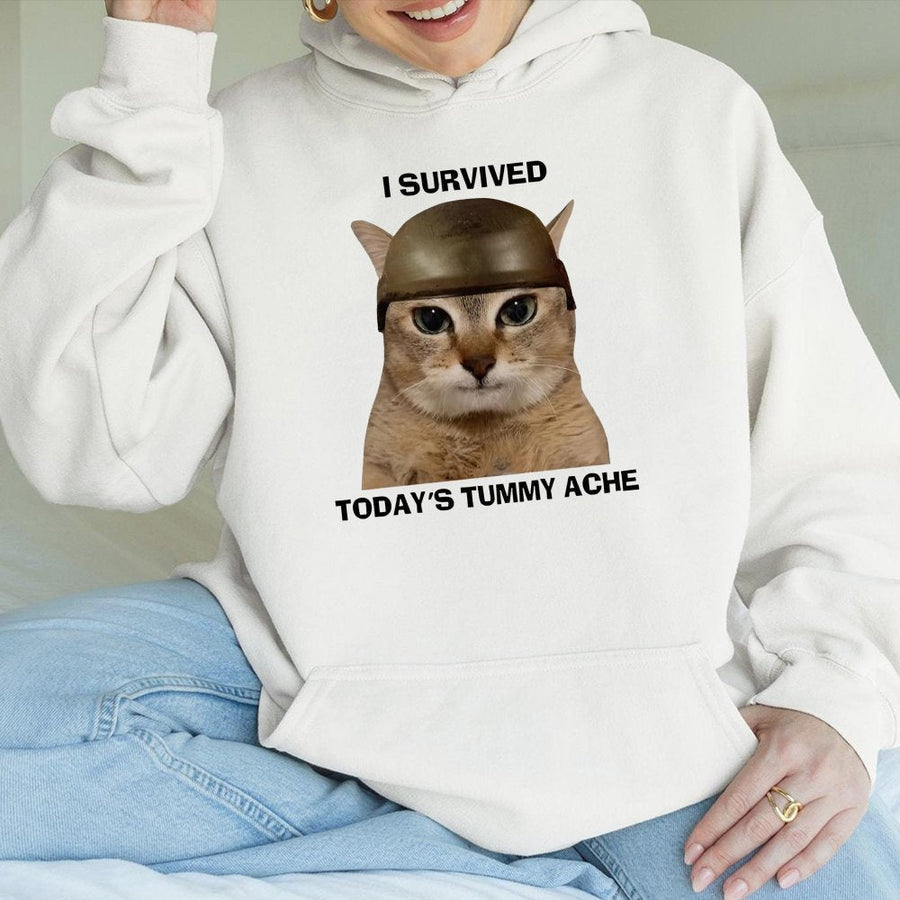 I Survived Today's Tummy Ache Hoodie | Funny Soldier Cat Meme Graphic | Premium Cotton Blend | Unisex Sarcastic Gift for Cat Lovers