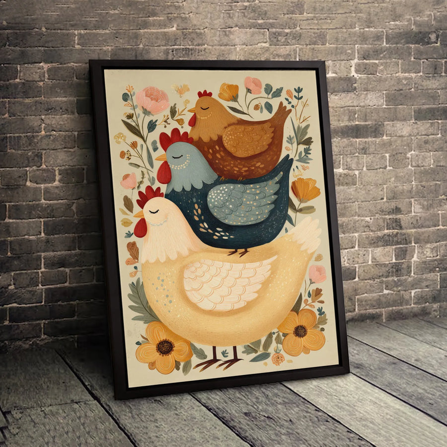 Three Stacked Chickens Canvas Wall Art | Whimsical Folk Art Farmhouse Decor | Premium Gallery Wrap Print | Charming Kitchen & Cottage Gift