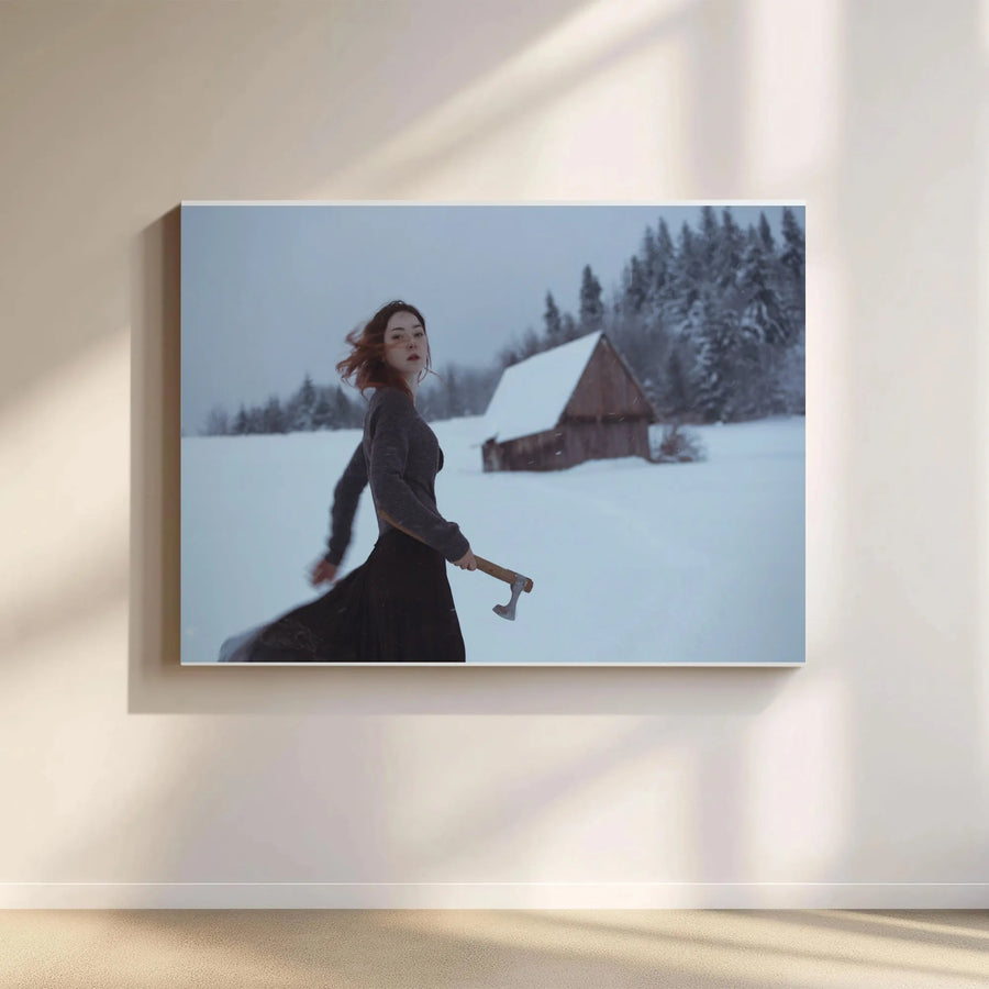 Winter Warrior Canvas Print | Woman with Axe in Cinematic Snow Scene | Gallery Quality Wall Art | Fantasy Art Collector Gift