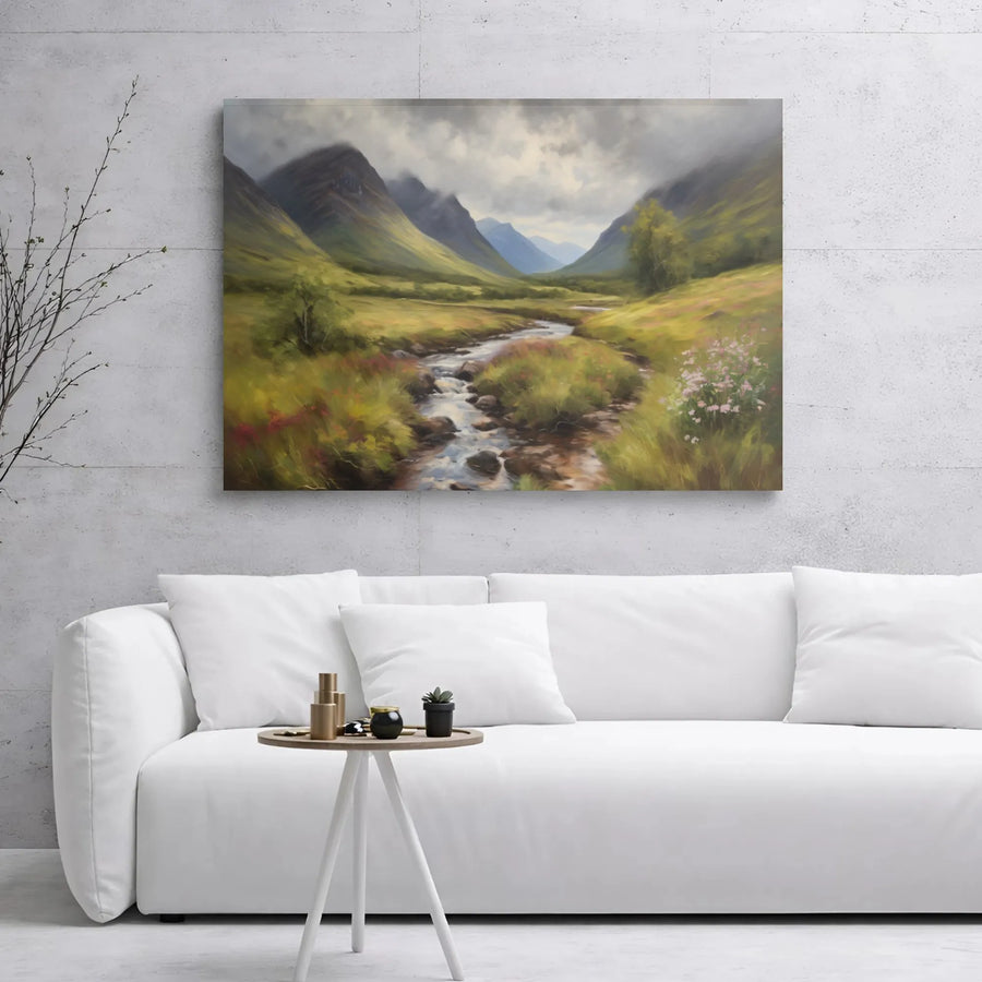 Misty Mountain Landscape Canvas | Winding River & Wildflowers | Premium Gallery Wrap Print | Nature Wall Art for Living Room Decor