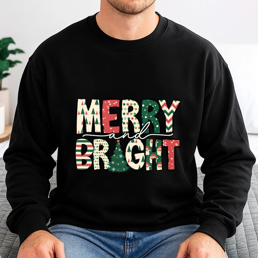 Merry and Bright Sweatshirt | Retro Christmas Tree Pattern Graphic | Premium Cotton Blend | Holiday Gift for Women and Men