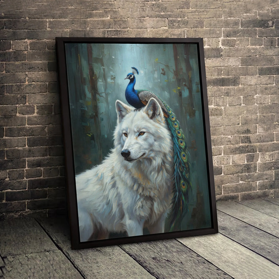 White Wolf and Peacock Wall Art | Surreal Wildlife Oil Painting Style | Premium Gallery-Wrap Canvas | Unique Animal Home Decor Gift