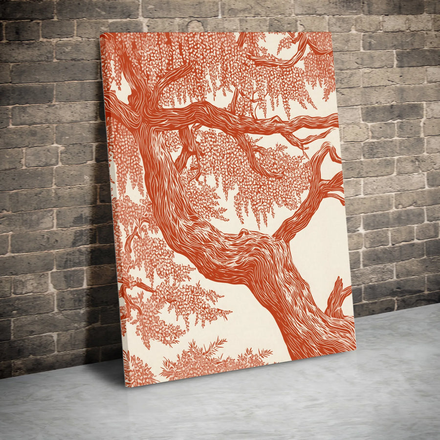 Wisteria Tree Canvas Wall Art | Orange Linocut Style Botanical Print | Premium Fade-Resistant 1.25" Gallery Wrap | Modern Home Decor Gift