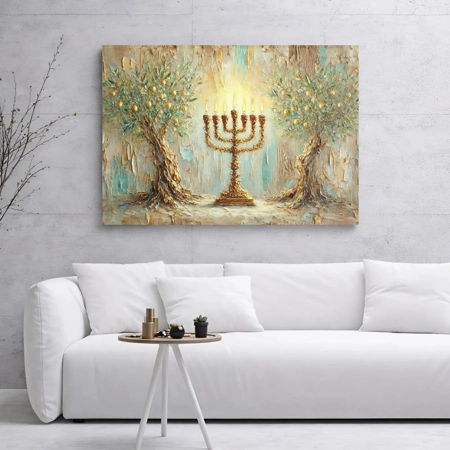 Menorah Canvas Wall Art | Olive Tree Oil Painting Style Print | Premium Gallery Wrap Decor | Jewish Home Gift & Hanukkah Wall Decor