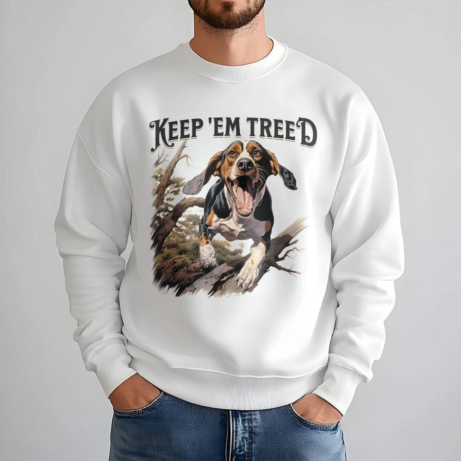 Keep 'Em Treed Sweatshirt | Coon Hunting Hound Dog Graphic | Premium Cotton Blend | Gift for Outdoorsmen & Hunter
