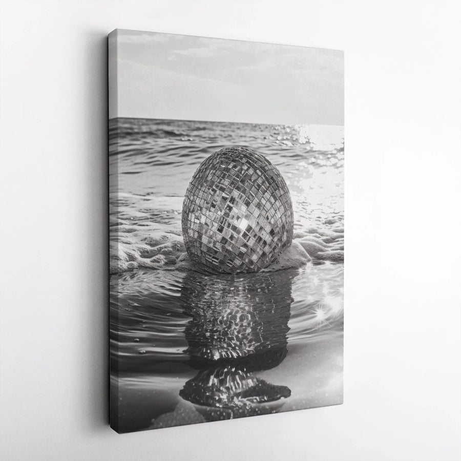 Disco Ball On Beach Canvas Print | Surreal Ocean Shore Wall Art | Premium Fade-Resistant Gallery Wrap | Modern Home Decor For Music Lovers