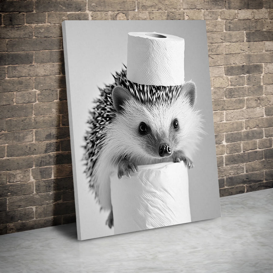 Hedgehog Canvas Wall Art | Funny Toilet Paper Hat Portrait | 1.25 Inch Gallery Wrap | Quirky Bathroom Decor & Unique Gift for Animal Lovers