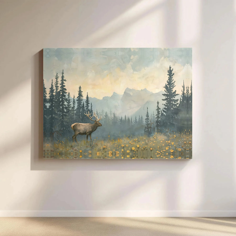 Majestic Elk Wildlife Horizontal Canvas | Misty Mountain Forest Watercolor Art Print | Premium 1.25 Inch Frameless Gallery Wrap | Rustic Lodge Cabin Decor Gift