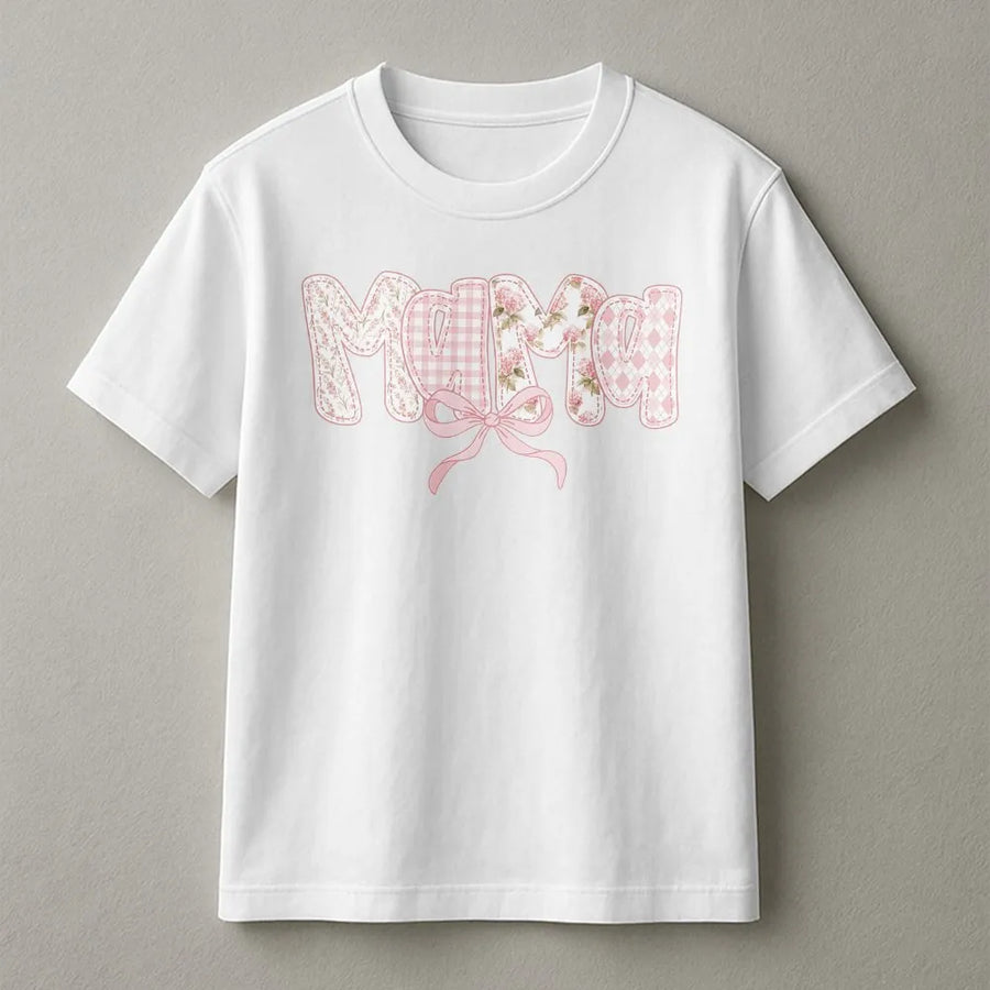 Mama T-Shirt | Pink Floral & Gingham Quilt Style Letters | Cozy Crewneck Pullover | Premium Mother's Day Gift for New Mom