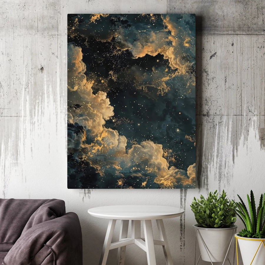 Celestial Night Sky Canvas Wall Art | Golden Stars & Moody Clouds Abstract Print | Premium Gallery Wrap 1.25" Depth | Elegant Modern Home Decor
