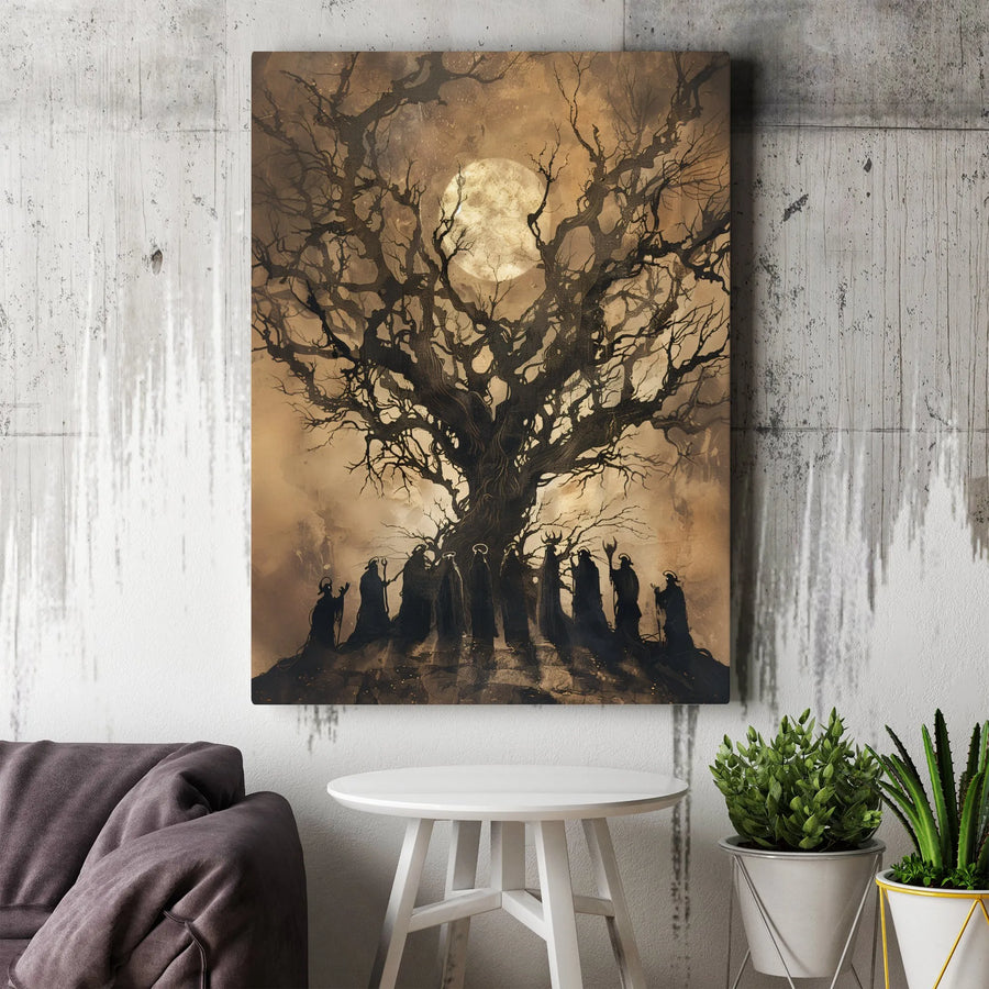 Gothic Coven Ritual Canvas Wall Art | Dark Forest Moon Silhouette | Premium 1.25-inch Gallery Wrapped Print | Occult Home Decor Gift