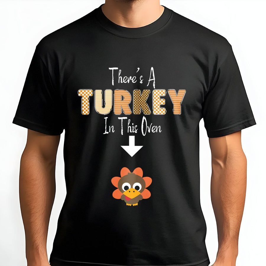 There's A Turkey In This Oven T-Shirt | Funny Thanksgiving Pregnancy Announcement | Soft Premium Cotton Tee | Cute Baby Bump Reveal Gift For Mom