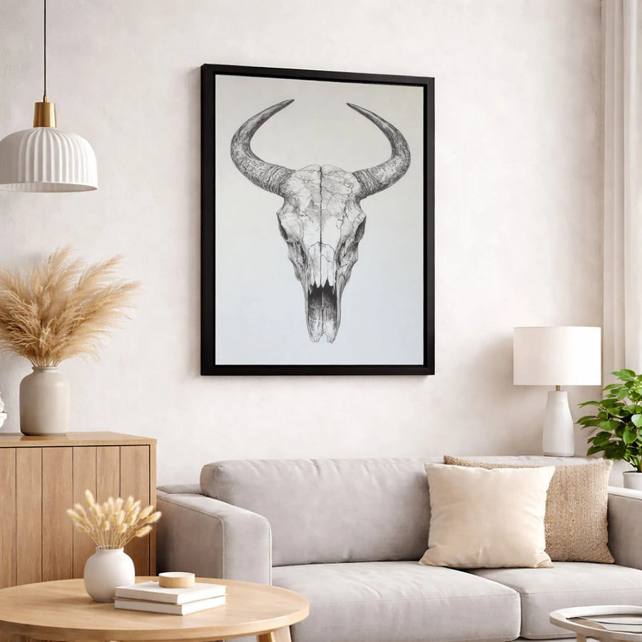 Bull Skull Canvas Art | Southwestern Sketch Wall Decor | 1.25 Inch Gallery Wrapped Print | Modern Western Farmhouse Home Gift