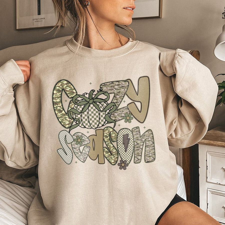 Cozy Season Camo Sweatshirt | Pumpkin Western Graphic Pullover | Soft Cotton Blend Fall Apparel | Trendy Autumn Gift for Women and Men