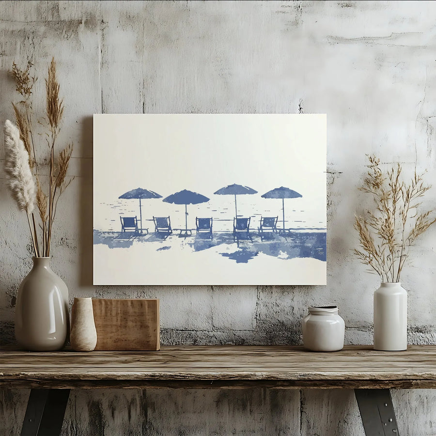 Minimalist Beach Canvas Wall Art | Abstract Coastal Scene with Umbrellas | Premium Gallery Wrap Print | Modern Living Room & Beach House Decor